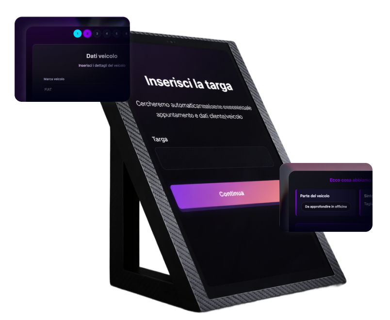 Totem di accettazione Ariaa con schermata di inserimento targa per ricerca automatica di appuntamento e dati cliente, affiancato da dettagli delle schermate dati veicolo e stato approvazione